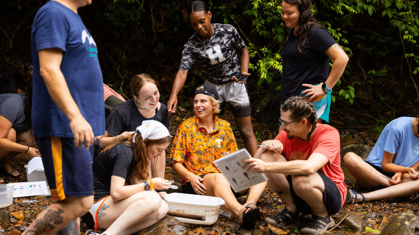 Students participate in a stream ecology workshop at The Toucan Ridge Ecology and Education Society (T.R.E.E.S.) field station and research center during a UTK Tropical Ecology, Conservation and Field Methods study abroad trip in Belize